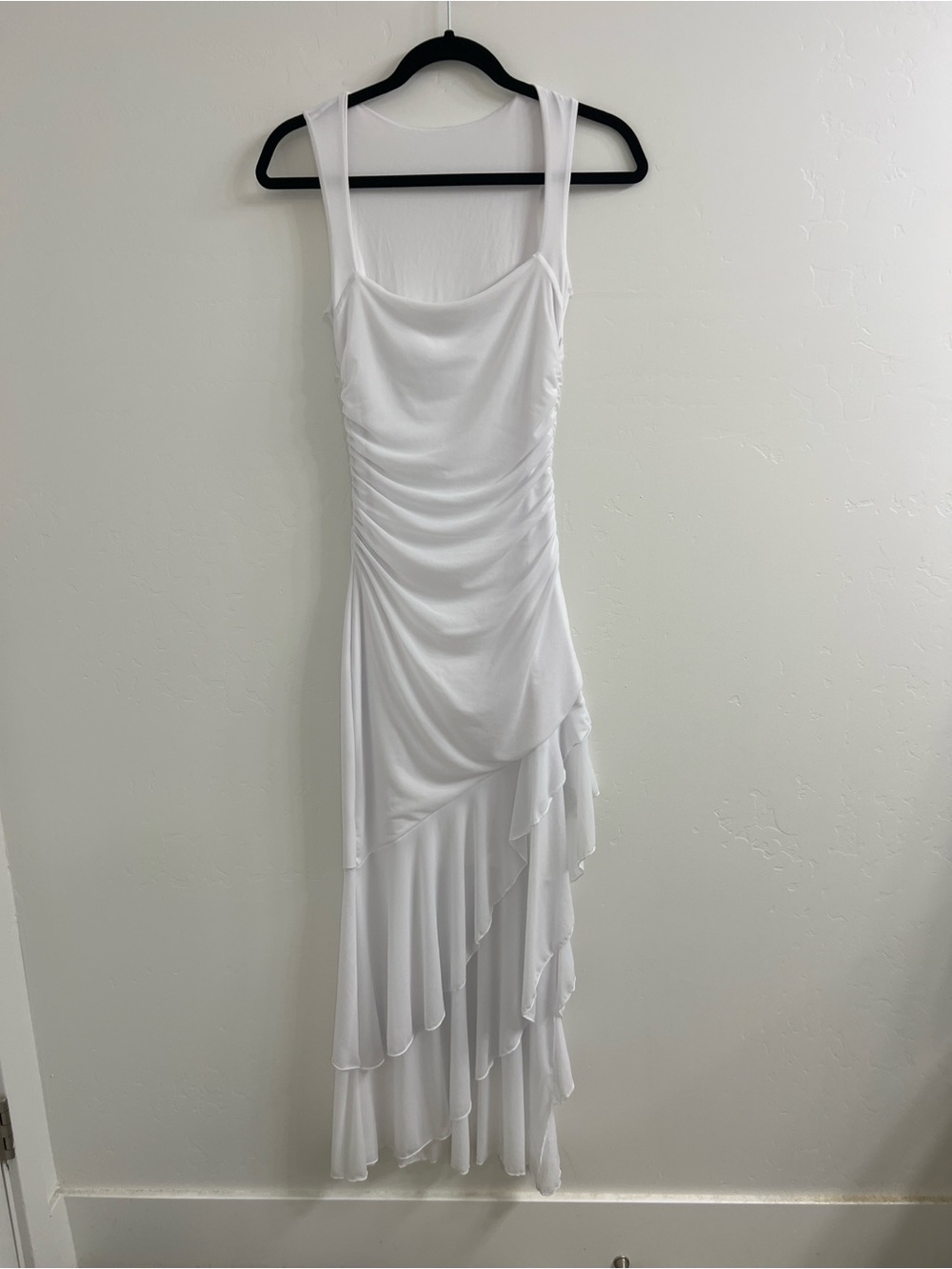 White Ruched Ruffle Maxi Dress